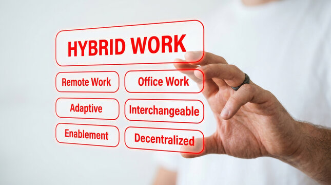 Hybrid work concept with digital interface, remote work and office work business strategy, person interacting with virtual decentralized enablement icons