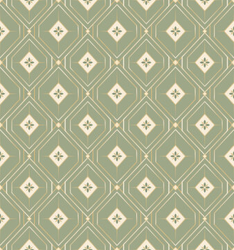 Elegant seamless geometric pattern featuring sage green and cream tones with delicate floral motifs. Perfect for wallpaper, textile design, fabric prints, packaging, wrapping paper, home decor, and lu