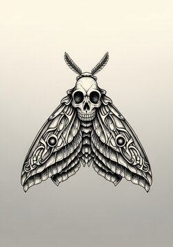 Intricate skull moth illustration detailed insect art in black and white