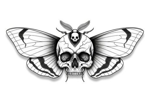 Intricate skull moth illustration detailed wings black and white vector design