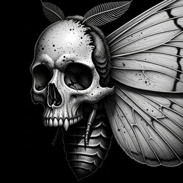 Intricate skull moth illustration in black and white digital art