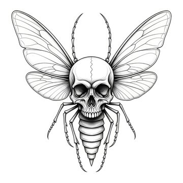 Intricate skull moth illustration detailed insectoid design on white background