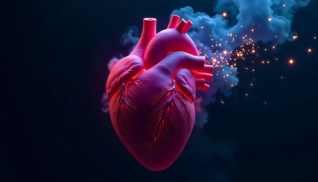 3D Animated Human Heart Beating with Glowing Particles in Dark Sci-Fi Background