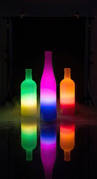 Lit bottles displayed with colorful lighting and reflections