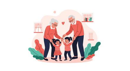 Fototapeta premium Loving grandparents enjoy a fun and active moment playing with their two young granddaughters in a warm family setting.