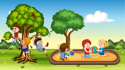 Naklejka premium Children Playing in a Park Sandbox and Climbing Large Trees