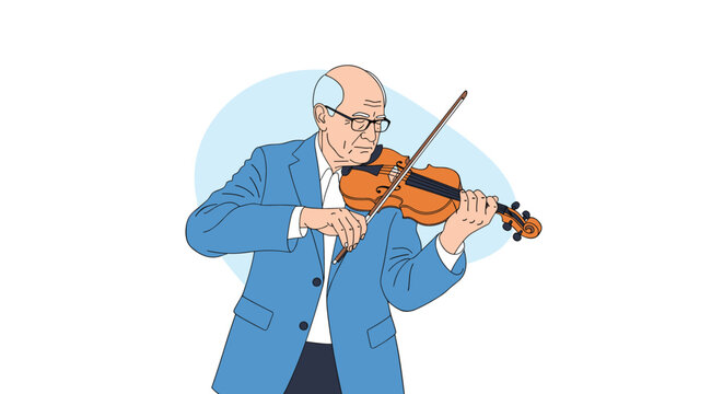 Distinguished elderly man in a blue suit jacket plays the violin with great concentration and musical skill during a performance.