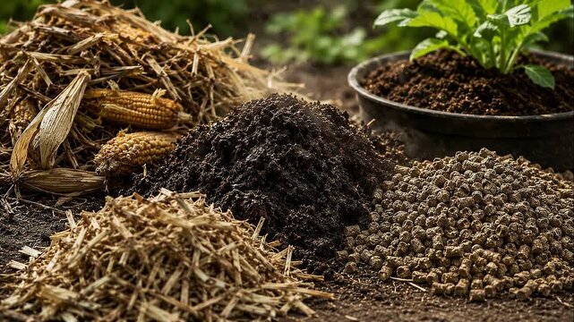 Circular agriculture compost heap steaming mulch pellets soil plant young seedling circular agriculture compost pile with straw mulch soil pellets