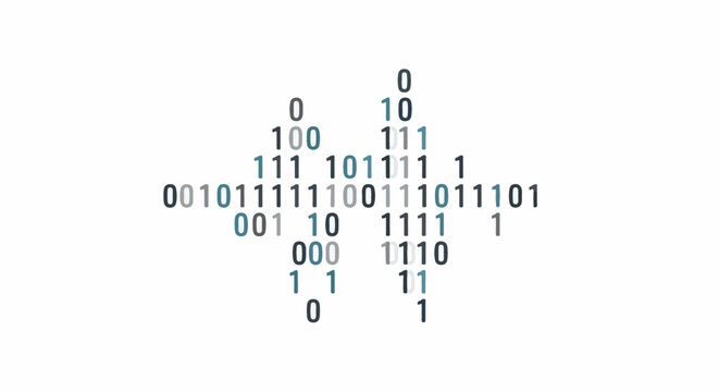 Abstract digital art composed of binary code forming a scattered, layered pattern on a white background