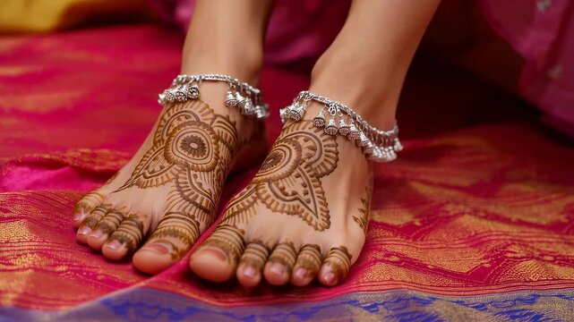 Elegant feet adorned with intricate henna designs and silver anklets, showcasing cultural beauty and tradition. Perfect for celebrations and festive occasions
