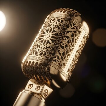 Ornate gold microphone close up of vintage audio equipment in spotlight
