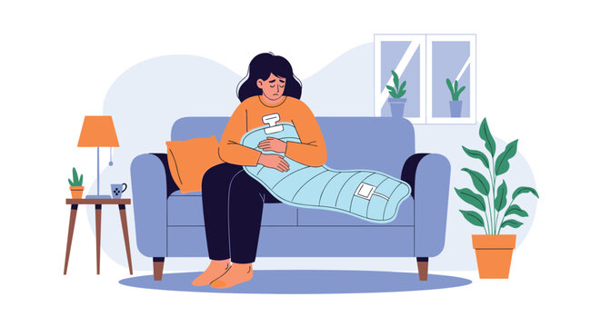 Tired woman sitting on blue sofa while using electric heating pad for pain relief in cozy living room with home plants and lamp.