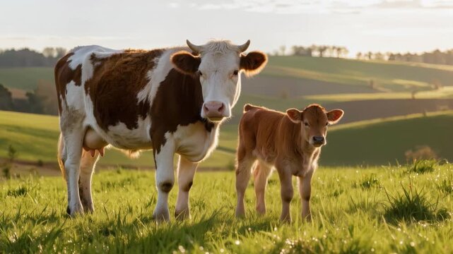 Brown and white cow with young calf standing in a green pasture at sunset, portraying motherhood and peaceful rural farming life scene