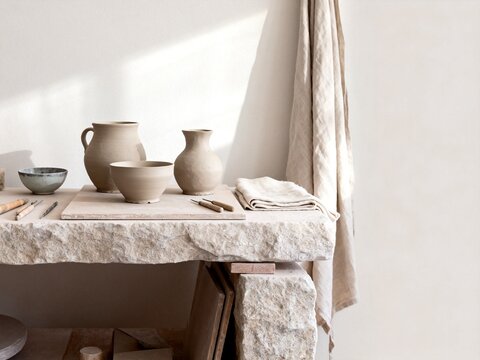 Minimalist pottery studio with natural light and stone table