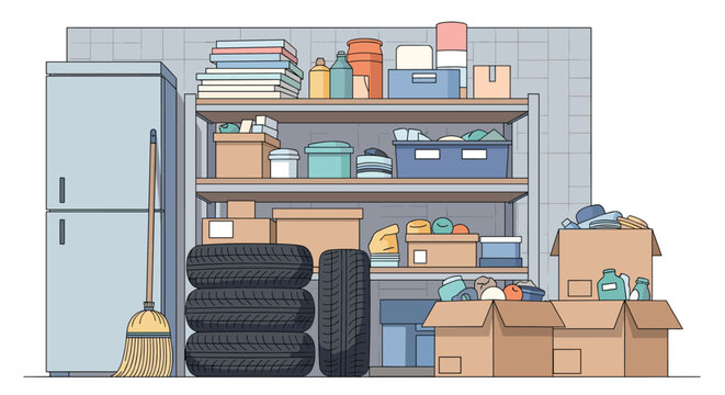 Well organized storage room features shelves filled with boxes, containers, cleaning supplies, and a stack of car tires in the garage.
