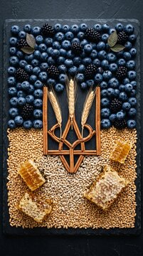 Artistic composition of the Ukrainian Tryzub symbol made from wheat, cinnamon sticks, berries, and honeycomb on a dark slate board.
