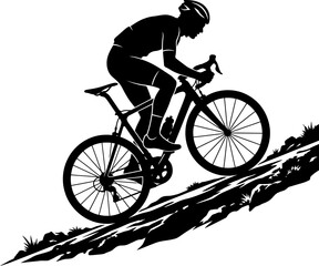 Naklejka premium Man riding bicycle down steep grassy hill on white background