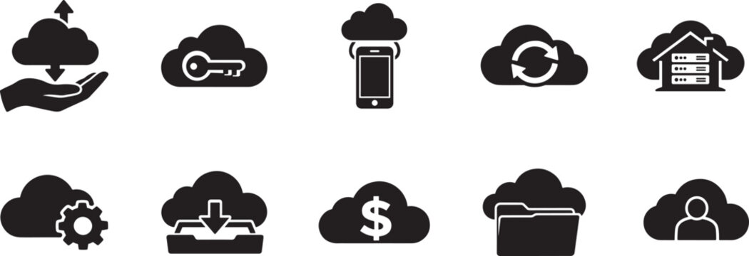Cloud computing icon set, solid vector style for data storage, sync, internet technology design.