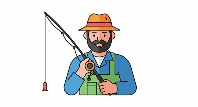 A cartoon fisherman with a beard, wearing a hat, overalls, and a blue shirt, holds a fishing rod