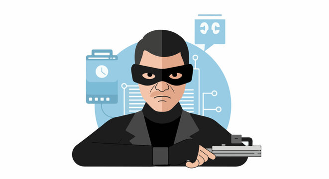A masked figure with a gun stands in front of a blue circular design with circuits