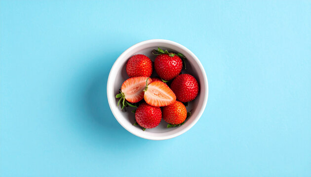 Strawberry in white bowl on blue background