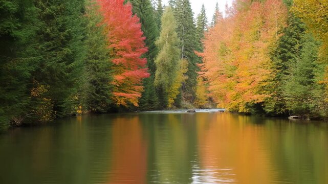 Autumn river bend with red tree reflecting in calm water