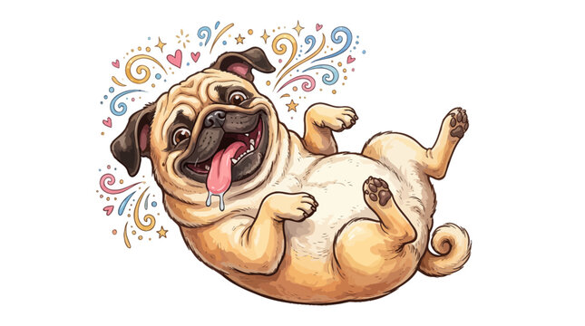 Joyful cartoon pug dog laughing with colorful confetti celebration in flat design style