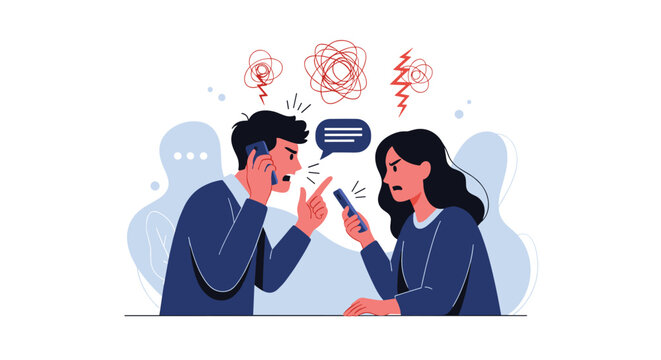 Stressed man and woman having angry argument while using smartphones with thought bubbles and lightning symbols above.