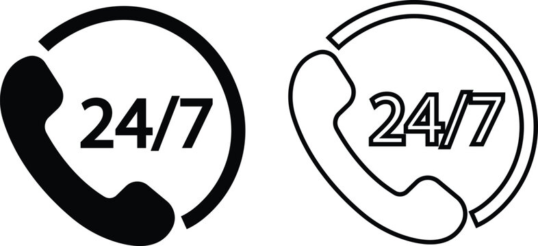 24/7 Customer Support Hotline Service Icon Set Collection Group, Helpdesk Call Center Symbols Bundle, Twentyfour Seven Assistance, Helpline, Contact, Support Vector in Flat and Line Style
