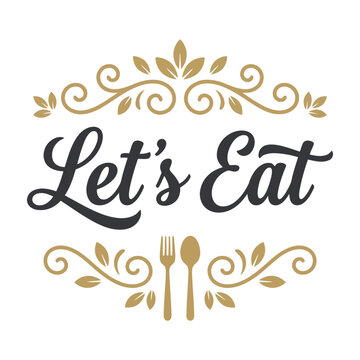 Lets Eat text with elegant golden leaves and utensils graphic design element for restaurant or meal invitation card  simple and stylish typography (Made By Generative AI)