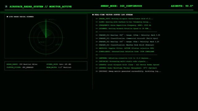 Airspace Radar Scanner Live Dashboard Aircraft Tracking Surveillance Animation.