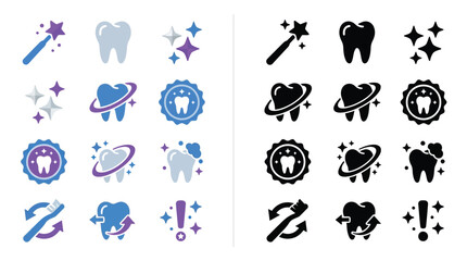 Collection of dental care icons and symbols, including teeth, toothbrushes, sparkles, and magic wands, in both color and black and white. © Feldway