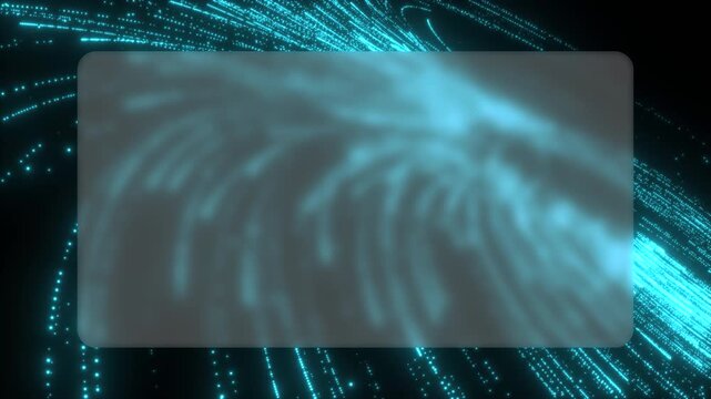 An abstract glassmorphic animation shows blue neon light streaks exploding outwards dynamically. The blurry glass card layer delivers a modern tech aesthetic for digital presentations.