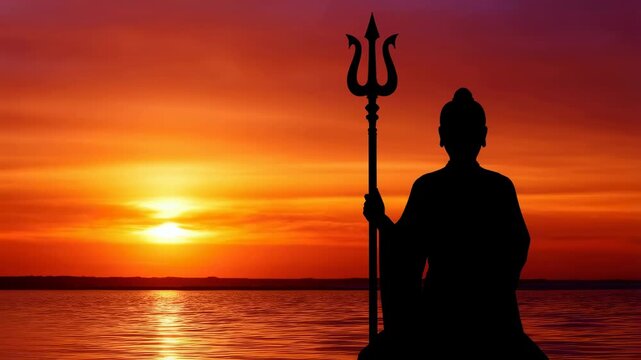 Silhouette of a deity holding a trident against a vibrant sunset over the water. Symbolizes power, spirituality, and the connection between nature and the divine