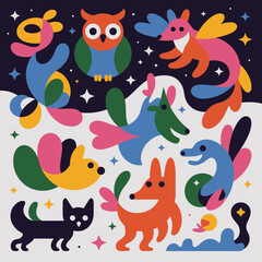 Fototapeta premium Abstract geometric composition featuring stylized colorful animals like an owl and fox amidst a starry night sky with vibrant organic shapes and contrasting color palettes