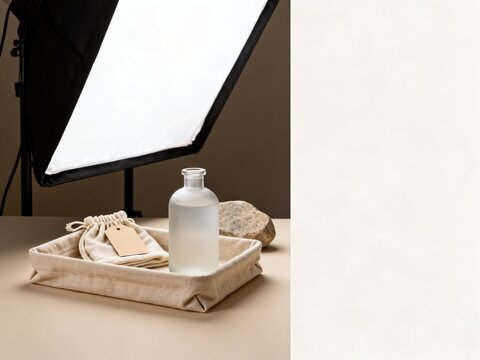 Minimalist Product Shot: Glass Bottle in Fabric Tray with Softbox Ligh