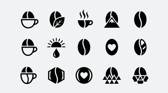 Minimalist Coffee Shop and Cafe Icon Set Featuring Espresso Machines, Coffee Beans, and Hot Beverages for Menu Design