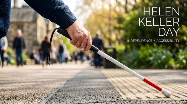 Person walking with white cane navigating sidewalk for helen keller day