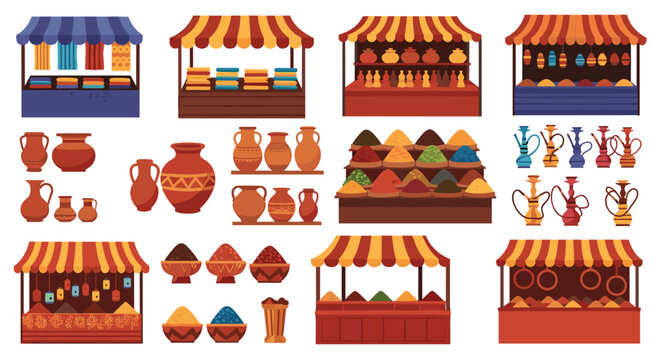 Vibrant middle eastern market stalls showcase colorful fabrics, exotic spices, handcrafted pottery, and hookahs for local trade and tourism.