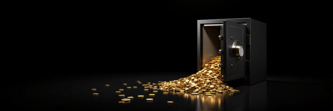 Open Bank Vault with Gold Coins in Confident Financial Mood Symbolizing Wealth Accumulation Against Black Background with Copy Space