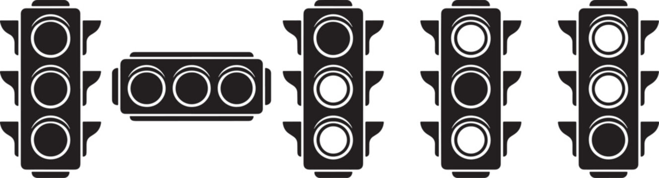 Traffic Light Vector Icon Set- Black and White Semaphores and Traffic Control Signals Silhouettes
