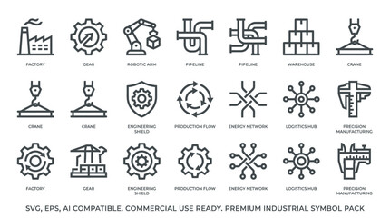 Fototapeta premium Industrial manufacturing and technology vector icon set featuring gear factory robotic arm circuit board and cargo container symbols