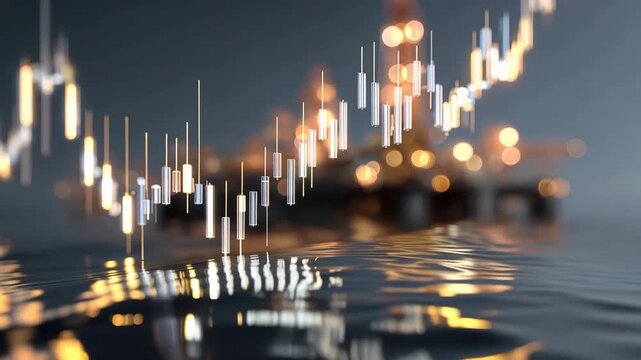 Market trends show rising energy prices at offshore oil rigs in the ocean during evening hours with reflections on the water