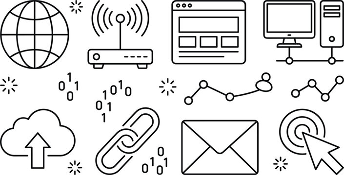 Internet and network technology line icon set featuring cloud upload router computer link email globe and binary vectors
