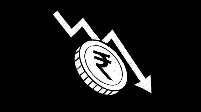 Indian rupee coin with downward arrow market crash financial loss 4K Hand Drawn Animation with alpha transparent background
