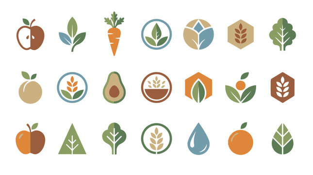 Set of minimal organic food and nature icons for eco-friendly branding and logo design