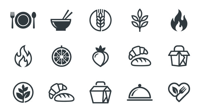Collection of flat culinary and healthy food icons featuring professional restaurant service symbols and organic ingredients for mobile web design