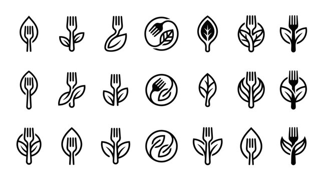 A collection of minimalist icons representing organic food and healthy eating, featuring forks and leaves