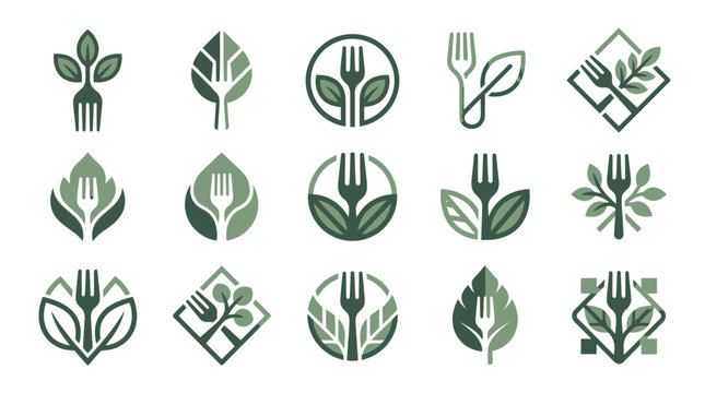 Collection of eco friendly vegan food logo templates with fork and green leaf vector icons