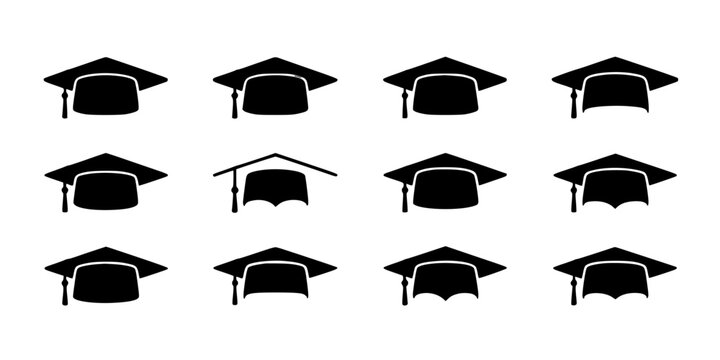 Graduation Caps in Various Styles and Designs Arranged in a Grid Pattern Featuring Academic Cap, Mortarboard, Tassel with Black Cap and Academic